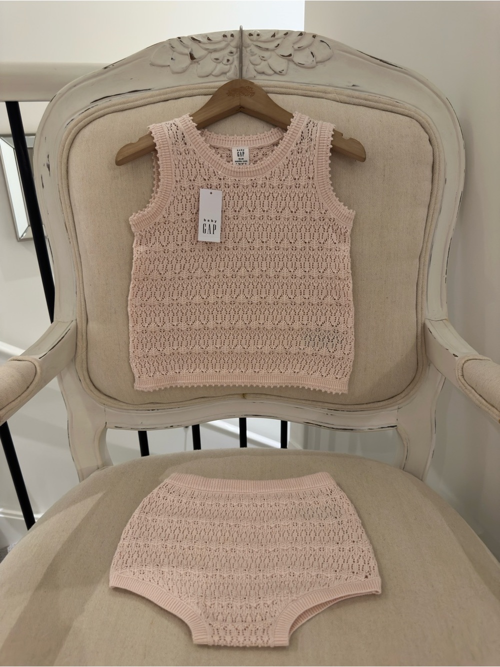 🦢 18~24 Mth Baby GAP Dusty Ballet Rose Fine Crochet Cotton Top & Bloomer Set NWT